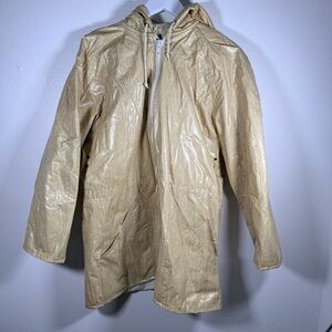 Vintage Wippette Tan Vinyl Raincoat Hooded Insulated Jacket 80s 90s Women Medium